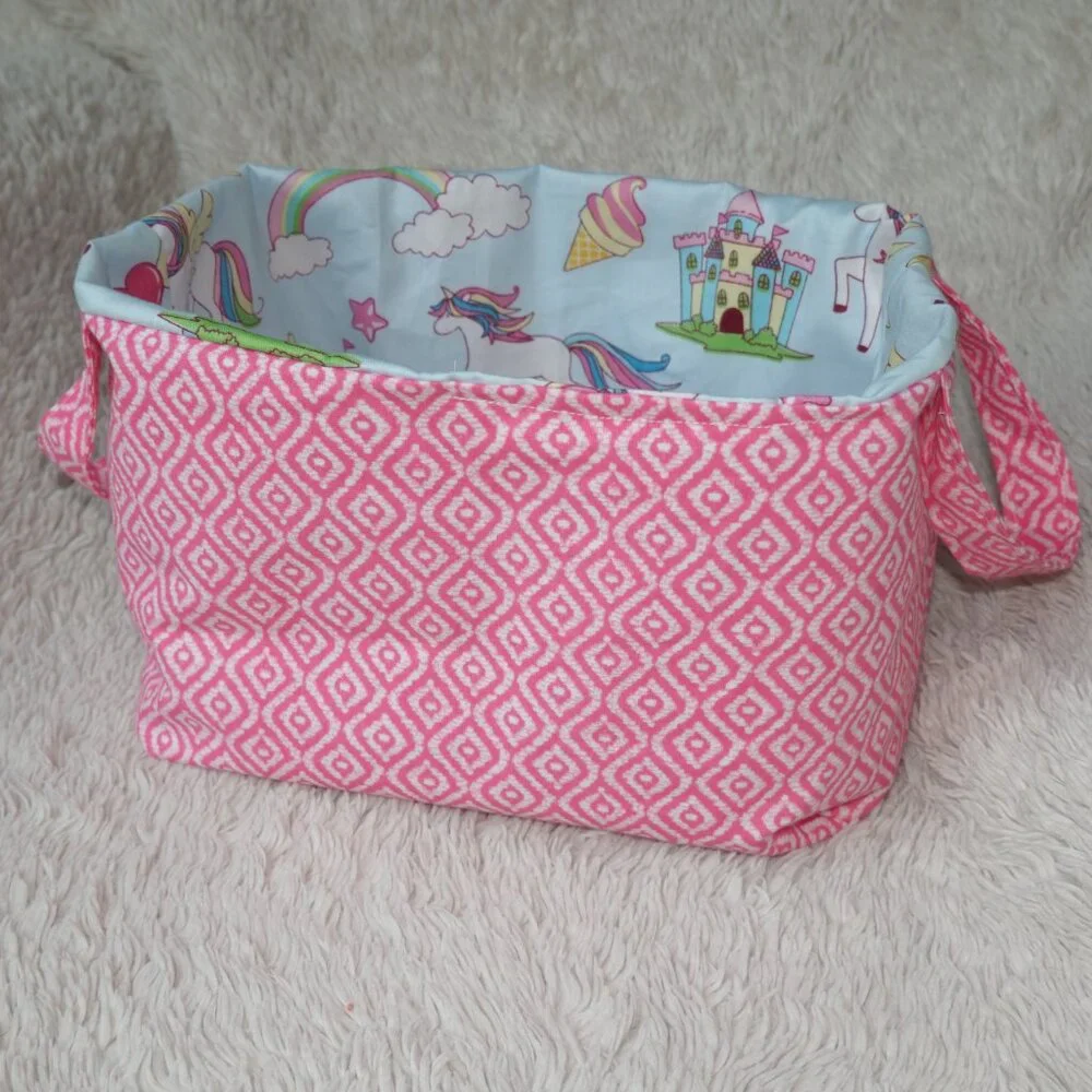 Girls Handmade Pink Rainbow Unicorn Storage Bin Basket Bag with Handles